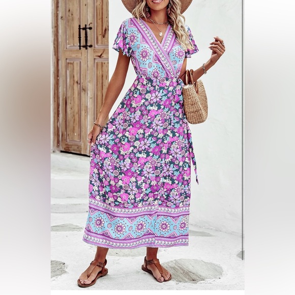 Boho front high split v-neck maxi dress floral purple Large  12/14 - Picture 6 of 9